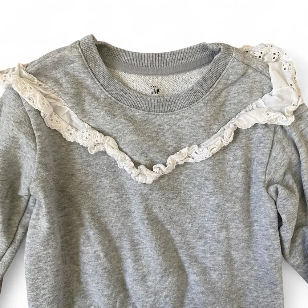 Gap Toddler Girl Gray Ruffle Lace Sweatshirt 2T | Cozy Pullover